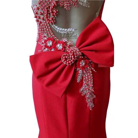 Vintage TATIK EDIZ Red Beaded Floral Detailed Evening Gown - Picture 6 of 11